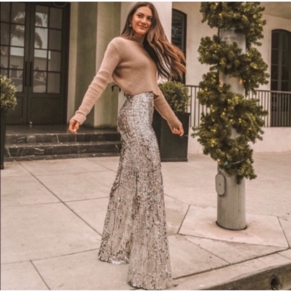 Zara Silver Sequin Flare Pants
